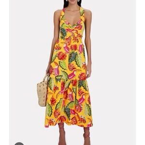 Farm Rio Dress Size Large Yellow Beaks & Bananas Tropical Printed Maxi Tie Back
